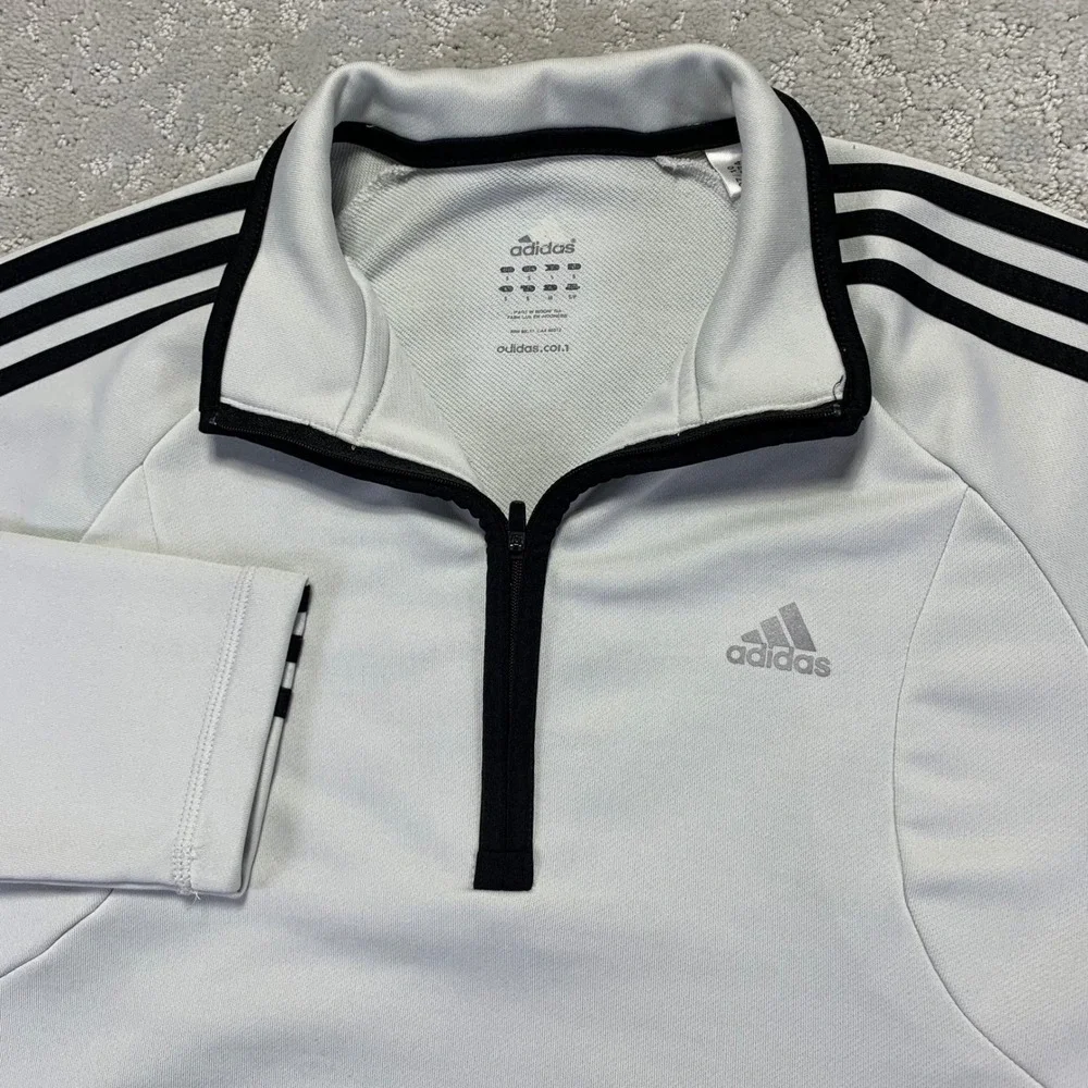 Adidas Pullover Mens Small White 3‎ Stripe Quarter Zip Long Sleeve Athletic Golf